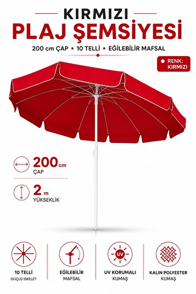Düvenci Kırmızı Renkli Plaj,Güneş ve Bahçe Şemsiyesi 200 cm Çap/10 telli, eği...