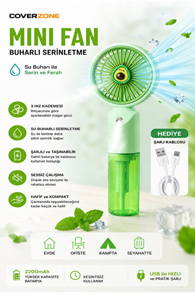 Coverzone Mini Fan Vantilatör Şarjlı Su Buharlı 3 Hız Kademesi Taşınabilir Ma...