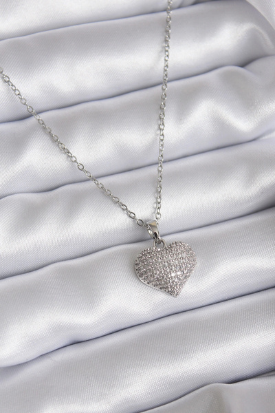 ARMÜZ 316L Steel Chain Silver Color Zircon Stone Detail Heart Model Women's N...