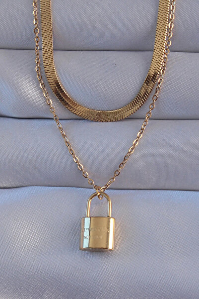 ARMÜZ 316L Steel Gold Color Double Chain Lock Model Necklace