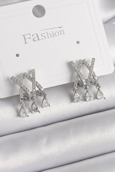 ARMÜZ Brass Silver Color Zircon Stone X Model Dangle Detail Women's Earrings