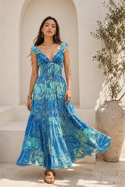 laviyonsa Madonna Collar with Gipeli on the Waist Authentic Blue Long Dress S...