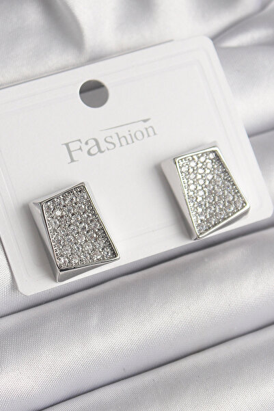 ARMÜZ Brass Silver Color Zircon Stone Plate Model Women's Earrings