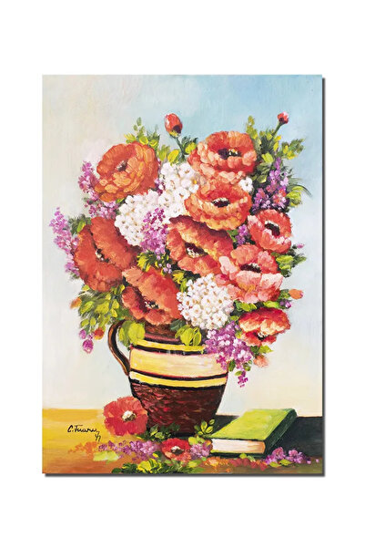 artnova Tablou pictat manual, Carafa cu maci imperiali si carte, 70x50cm pict...