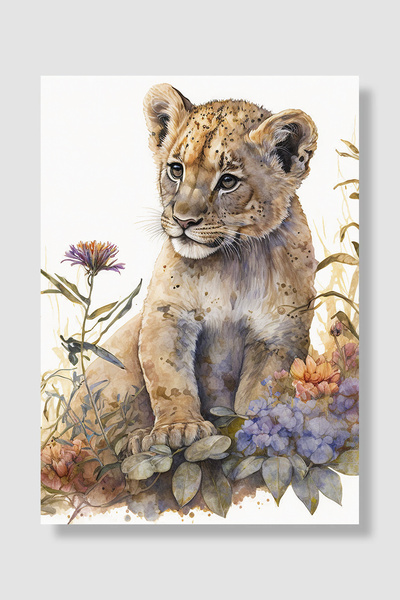 Luna Marissa Poster cu leu, acuarelă, flori, pui de leu, decor de perete, pos...