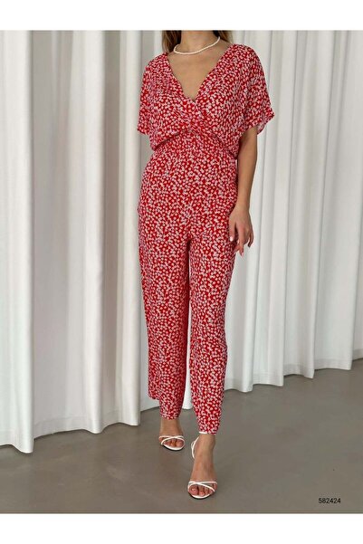 Modafeminen Desen1 Double-Breasted Detail V-Neck Elastic Waist Jumpsuit 582424