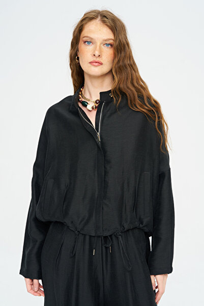 Orfeo Negro Women's Stand-Up Collar Slim Jacket with Gathered Waist