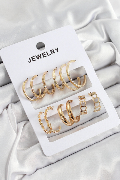 ARMÜZ Brass Mixed Ring Model Gold Color 6 Pairs Women's Earring Set