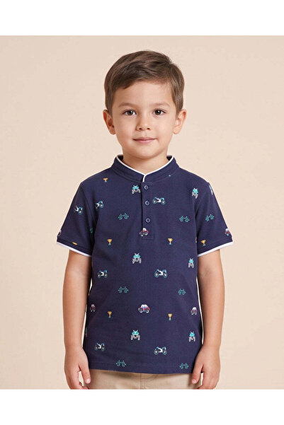 REDTAG Boys Navy Allover Print Mandarin Collar Polo