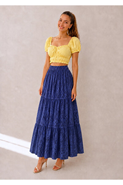 Kahra Collection Navy Blue Gilded Draped Layered Lined Long Skirt