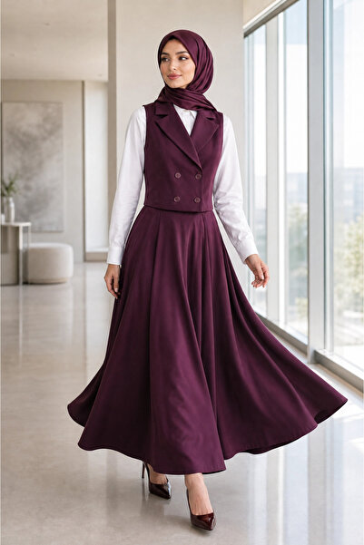 Modark Women's Plum Claret Red Double-Breasted Vest Skirt Double Hijab Set