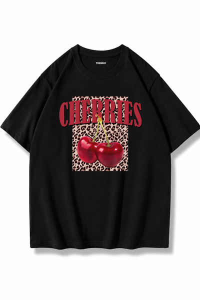Trendiz Women's Cherries Leopard Tshirt Black