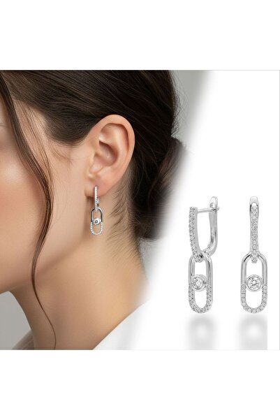Mestore Stone Detailed Chain Dangle Vip Earrings White-Yellow 3168Kkuv007