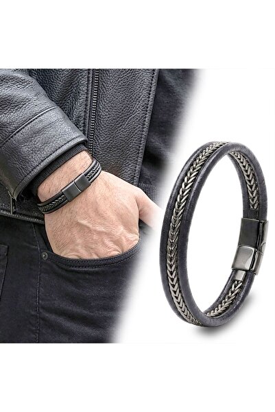 SeyCey.co Black Color Herringbone Steel Chain Genuine Leather Men's Bracelet ...