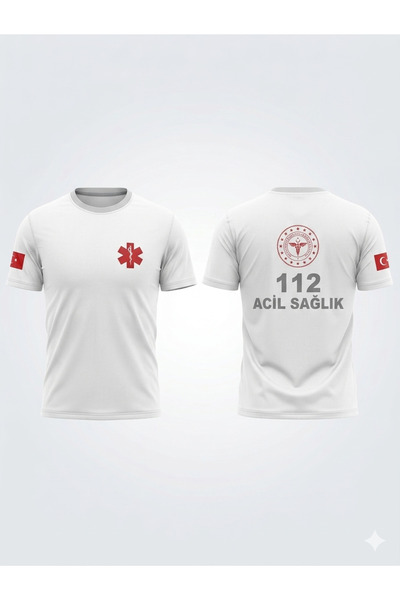 ÇİZGİ MEDİKAL 112 Acil sağlık bisiklet yaka pamuklu Unisex tişört