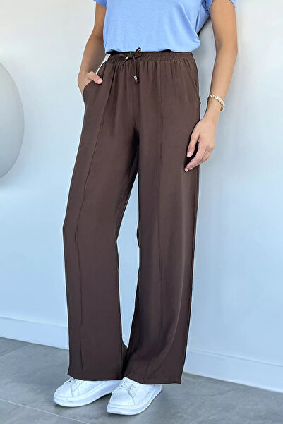 Aryena Brown Women's Elastic Waist Tencel Fabric Trousers