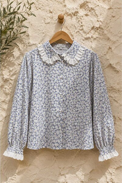 KÜÇÜĞÜM BUTİK Fisto Lace Gray Daisy Pattern Poplin Shirt