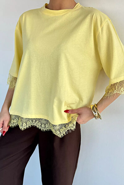 Aryena Yellow Gülseli Women's Crew Neck T-Shirt with Lace Detail