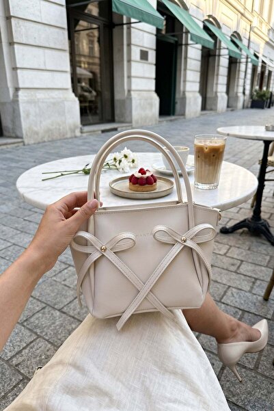 Shanta Cream D72 Stylish Bow Detailed Zippered Large Internal Volume Daily Us...