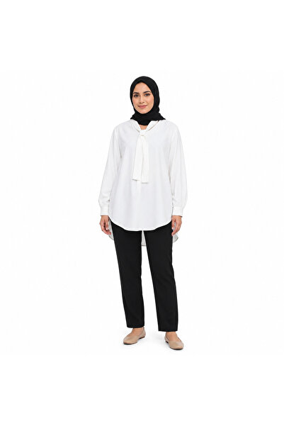 Generic Women's White Tie Neck Long Sleeve Loose Fit Tunic Blouse | Curved He...