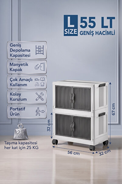EVLE Katlanabilir 2 Katlı "Large" 55 LT Tekerlekli Manyetik Kapaklı Portatif ...