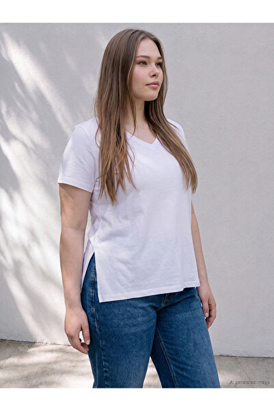 LC Waikiki Lcwaikiki Curve White Large Size 100% Cotton Women's T-Shirt
