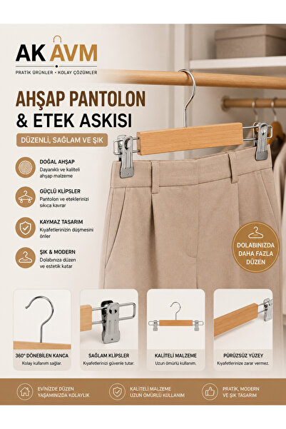 Ak Avm Ahşap Görünümlü Pantolon Etek Askısı Metal Klipsli Kaymaz Dolap Askılığı