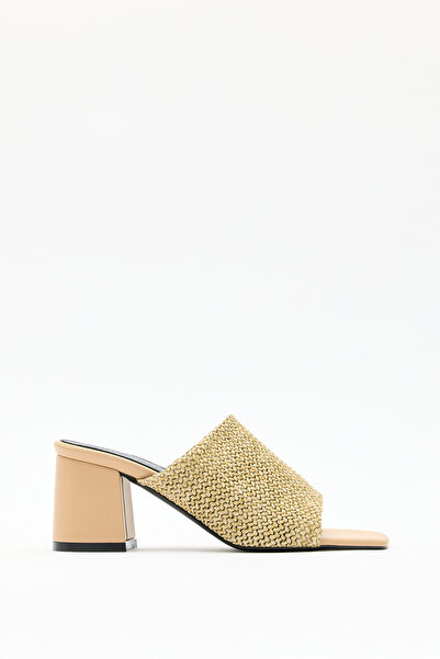 LUTVELIZADE Heels 2641 - Textured Wide Band Beige Straw Women's Heels