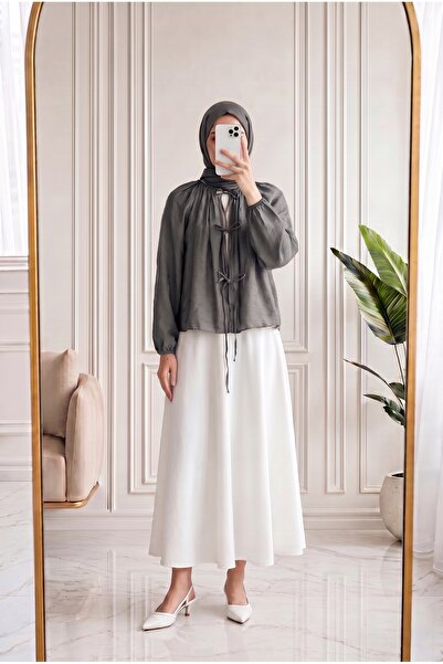 MİHRA STORE Dilşad Tulle Blouse with Drawstring Tie-Nl965 Camouflage