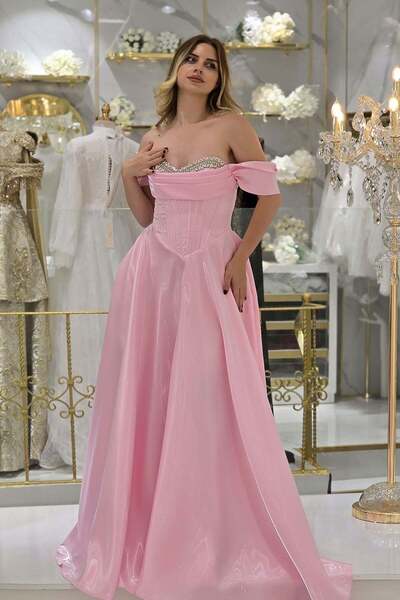Yonca Moda Evi Pembe Korseli Taşlı Abiye 2069