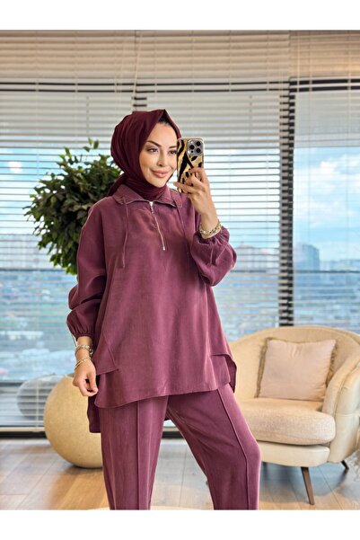 Afili 4300 طقم تينسل بياقة مزركشة وسحاب أمامي باللون الأحمر الداكن