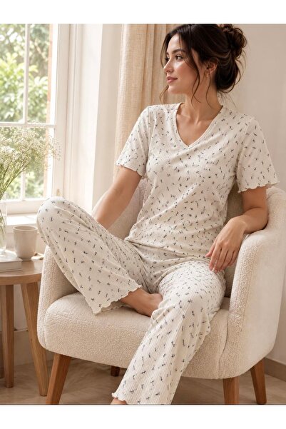 WASMA Women's Pajamas Cotton97% with Purple Floral Pattern