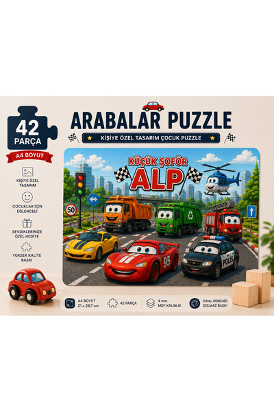 ElyNowa Kişiye Özel Arabalar Çocuk Puzzle 42 Parça A4