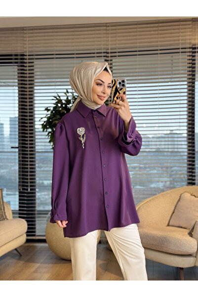 2K 24550 Taş Lale İşlemeli Kolu Manşetli Gömlek Leylak