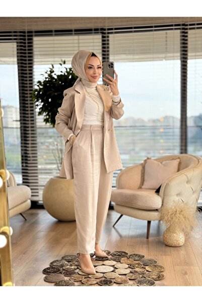 Jupe 8537 Saten İki Düğme Ceket Takım Bej