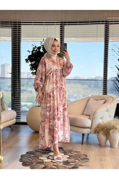 ESİO 2512-1 فستان منقوش بياقة على شكل V وأزرار على شكل أزهار باللون الوردي