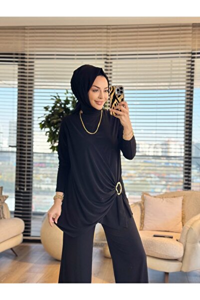 Afili 4225 طقم بنطلون بحزام جانبي أسود