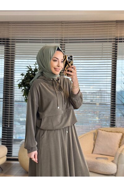 ALANURMODA 7473 Patı Zippered Waist Piece Hooded Suit Khaki
