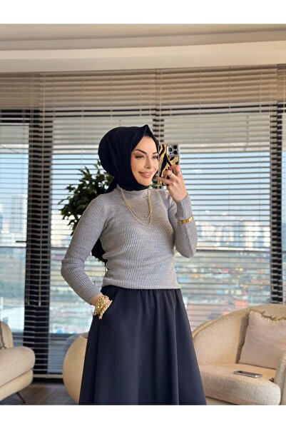Afili 3347 High Neck Knit Sweater Gray