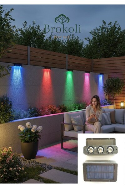 Brokoli Home Güneş Enerjili 3 LED li Duvar Aydınlatma Köşebent 5 Renkli Dekor...