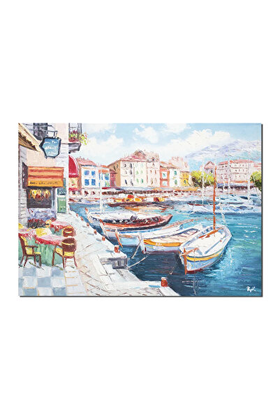artnova Ръчно рисувана картина, Лодки и платноходки в пристанището, 70x50см м...