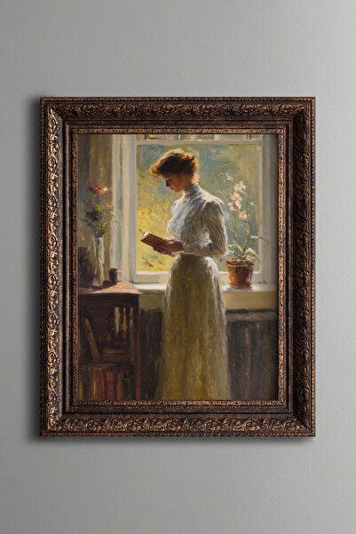 epiqart Woman Reading a Book in Front of the Window – Vintage Patterned Paint...