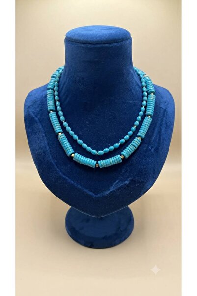Leyandoğaltaş Leyan Natural Stone Turquoise Stone Necklace 50 cm Double Row W...