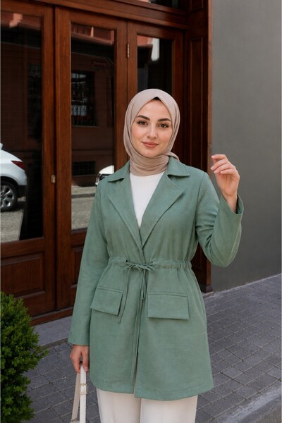 Lunfia Tünel Bağcıklı Cep Detaylı Keten Kimono - Mint