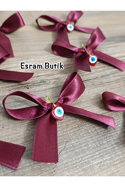 Esram Butik Burgundy Satin Evil Eye Beaded Ribbon Bow, Bundle, Dowry, Wedding...
