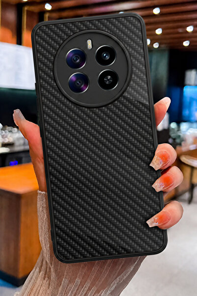 realme 12 Uyumlu Karbon Fiber Dokusu Desenli Parlak Baskılı Kamera Korumalı T...