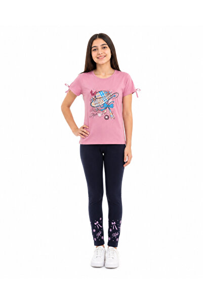 Generic Girls' T-Shirt and Leggings Set with Hat and Bow Print