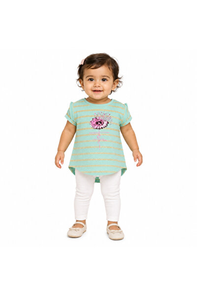 Generic Girls Striped T-Shirt with Pink Rose and Gold Stripes Print |   Short...
