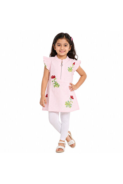 Generic Girls' Pink Floral Embroidered Dress with Ruffle Sleeves and Front Zi...