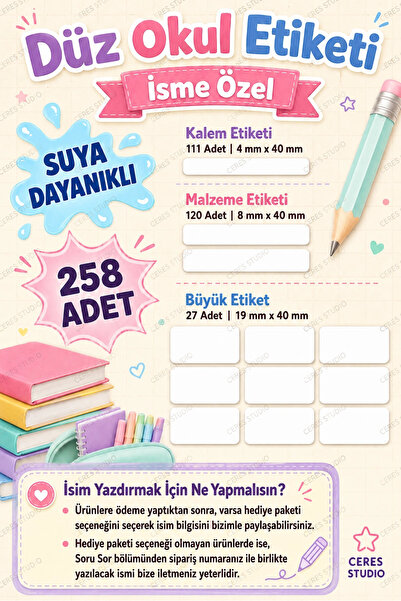 Ceres Studio Düz Beyaz İsimli Kişiye Özel Suya Dayanıklı Okul Etiketi – 258 A...